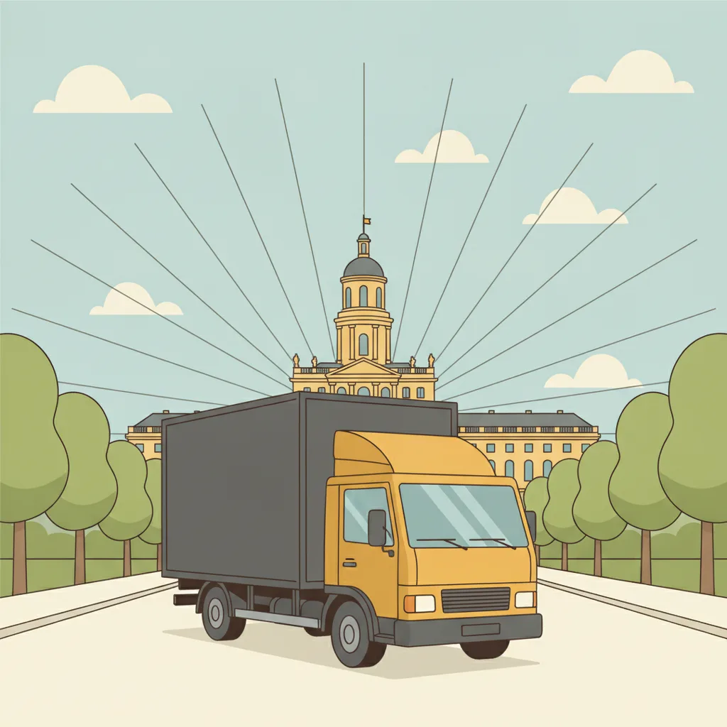 Flat-Design-Illustration: ein Team verlädt verschlossene Aktenrollcontainer und beschriftete Umzugskisten aus einem sachlichen Karlsruher Amtsgebäude in einen geschlossenen weißen Umzugs-Lkw, im Hintergrund das gelbe Sandsteinschloss mit Turm und die strahlenförmigen Fächerstraßen der Oberrheinebene - Behördenumzug Karlsruhe