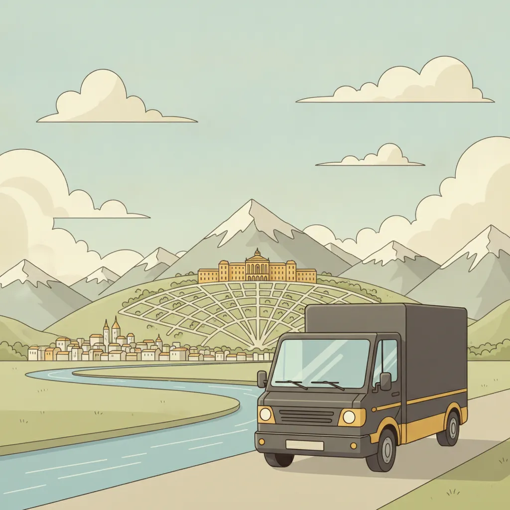 Comic-Illustration: kleiner safrangelb-graphitfarbener Kastenwagen fährt vom Karlsruher Schloss über die flache Oberrheinebene Richtung Basel und Schweizer Alpenpanorama - Beiladung in die Schweiz ab Karlsruhe