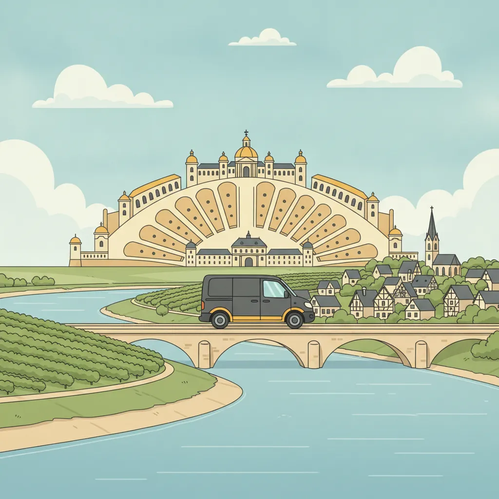 Comic-Illustration: kleiner safrangelb-graphitfarbener Kastenwagen fährt vom Karlsruher Schloss über die Rheinbrücke ins Elsass mit Fachwerk und Weinbergen - Beiladung nach Frankreich ab Karlsruhe