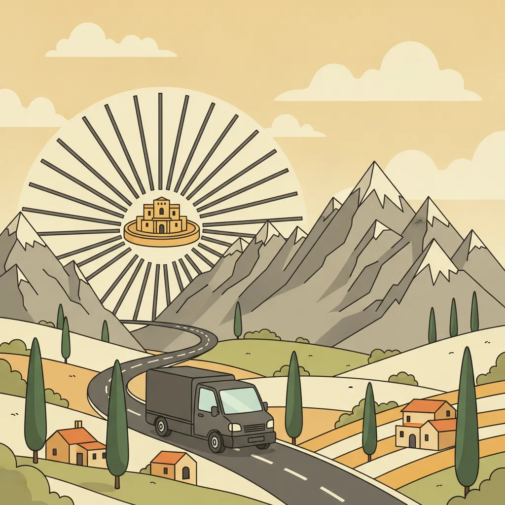 Comic-Illustration: kleiner safrangelb-graphitfarbener Kastenwagen fährt vom Karlsruher Schloss über die Alpen Richtung italienischem Zypressen- und Hügelpanorama - Beiladung nach Italien ab Karlsruhe