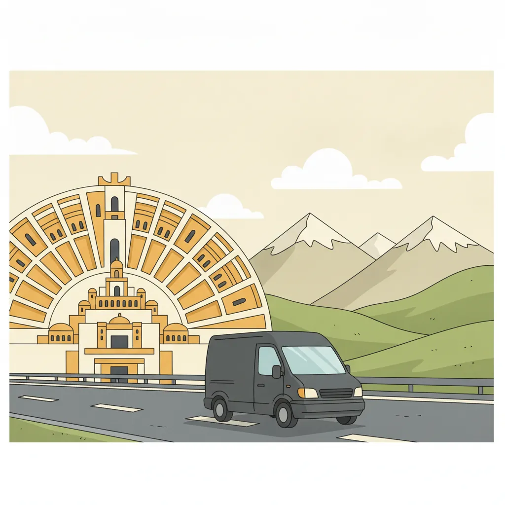 Comic-Illustration: kleiner safrangelb-graphitfarbener Kastenwagen fährt vom Karlsruher Schloss über die Autobahn Richtung München und österreichischem Alpenpanorama - Beiladung nach Österreich ab Karlsruhe