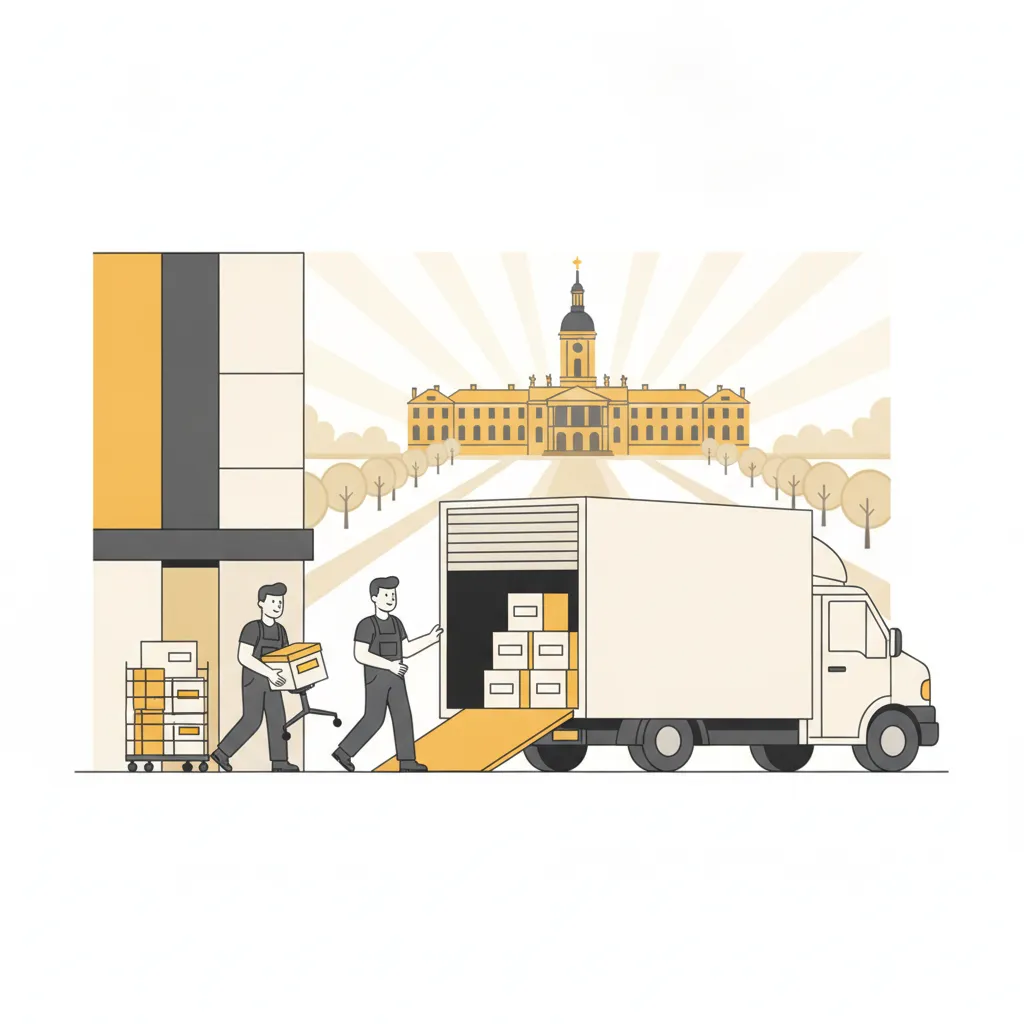 Flat-Design-Illustration: zwei Helfer tragen einen Bürostuhl und einen Rollcontainer mit beschrifteten Aktenkartons aus einem Karlsruher Bürohaus in einen geschlossenen weißen Umzugs-Lkw, im Hintergrund das gelbe Sandsteinschloss mit Turm und die strahlenförmigen Fächerstraßen - Büroumzug Karlsruhe