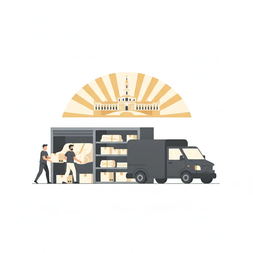 Comic-Illustration: zwei Träger schieben gepolsterte Möbel und beschriftete Kartons in eine saubere Lagerbox, daneben ein geschlossener Kastenwagen, im Hintergrund die Silhouette von Karlsruhe mit dem gelben Schloss - Einlagerung in Karlsruhe