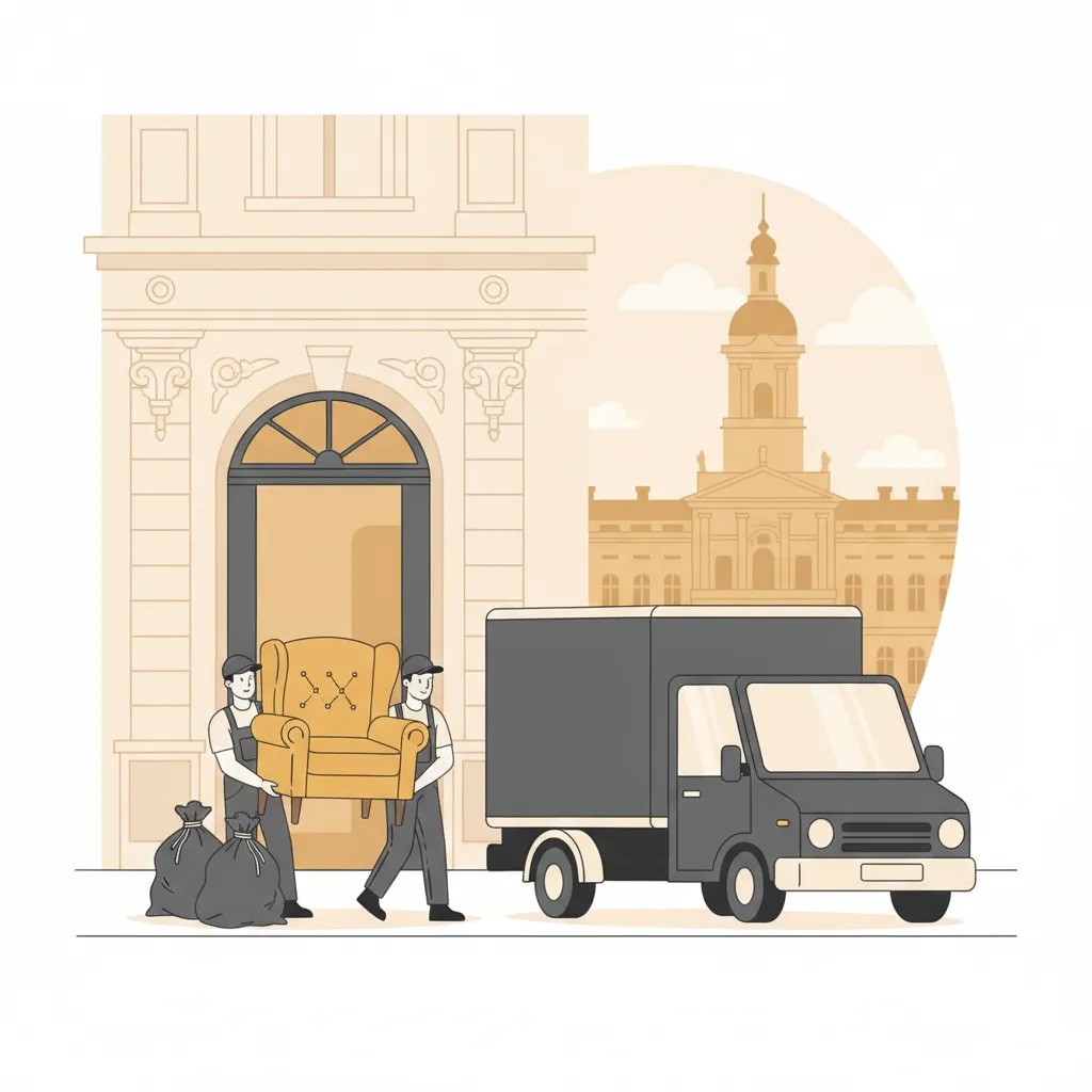 Comic-Illustration: zwei Helfer tragen alte Möbel und volle Säcke aus einem Karlsruher Gründerzeit-Altbau zu einem geschlossenen Kastenwagen, das Treppenhaus dahinter wird leer und sauber, im Hintergrund das gelbe Schloss - Entrümpelung in Karlsruhe