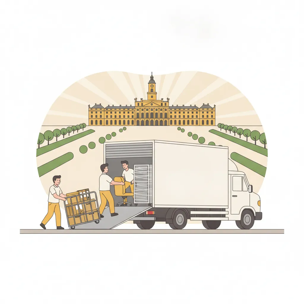 Flat-Design-Illustration: ein Team verlädt Rollcontainer mit Aktenordnern, Bürostühle und verpackte Technik aus einem Karlsruher Gewerbegebäude in einen geschlossenen weißen Umzugs-Lkw, im Hintergrund das gelbe Schloss mit Turm und die Fächerstraßen der Oberrheinebene - Firmenumzug Karlsruhe