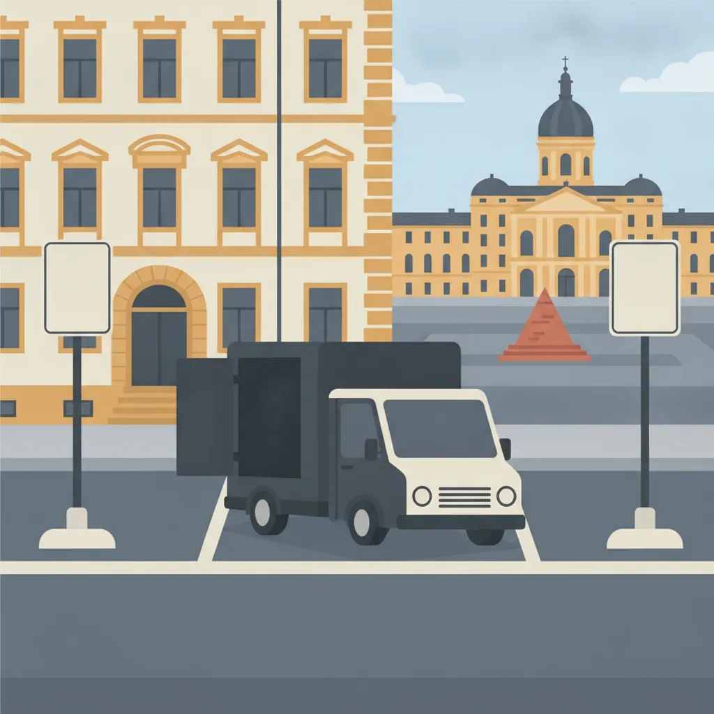 Comic-Illustration: zwei mobile Halteverbotsschilder sichern eine freie Parklücke vor einem Karlsruher Altbau, ein geschlossener Kastenwagen steht direkt davor, im Hintergrund der Marktplatz mit der Pyramide - Halteverbotszone für den Umzug in Karlsruhe