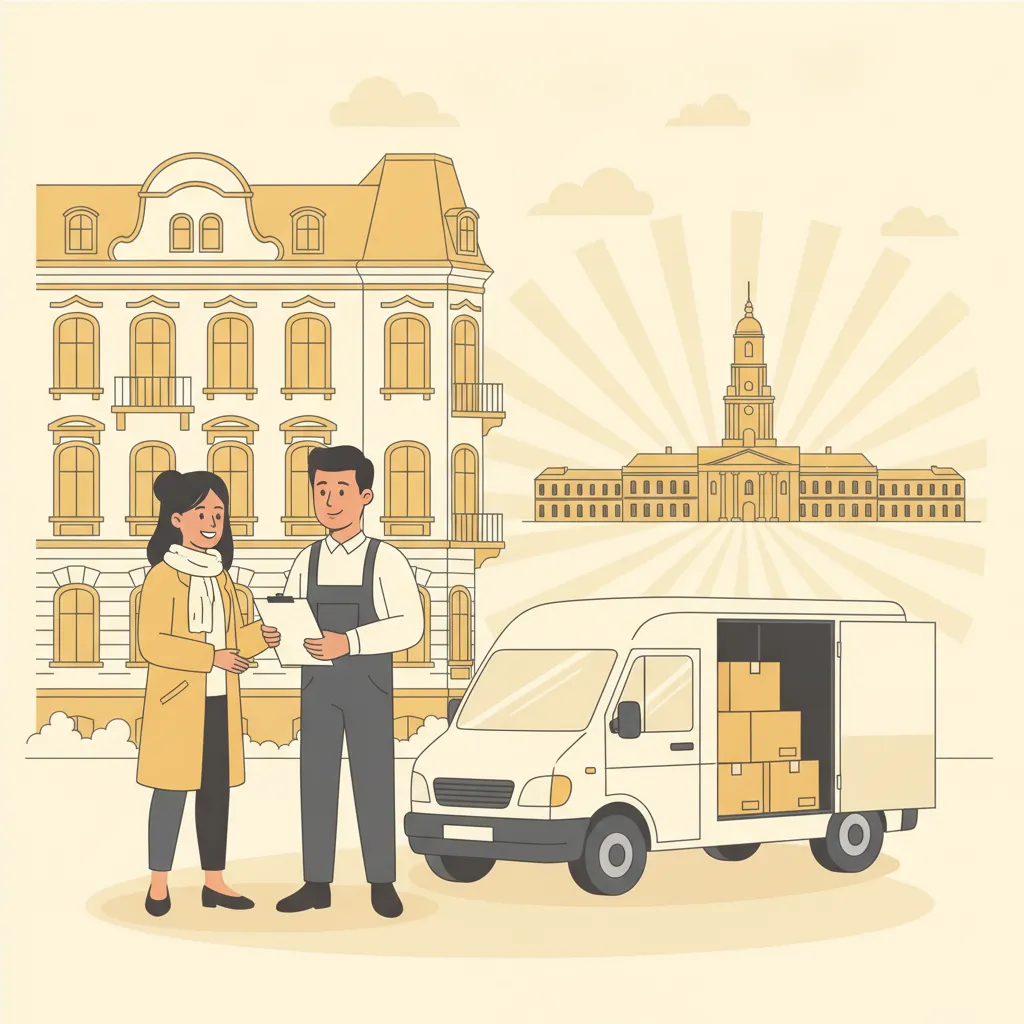 Comic-Illustration: ein Umzugshelfer reicht einer Frau vor einem Karlsruher Gründerzeit-Altbau einen Kostenvoranschlag aufs Klemmbrett, daneben ein geschlossener weißer Kofferwagen mit offenen Hecktüren, im Hintergrund das gelbe Schloss mit Turm - Jobcenter-Umzug in Karlsruhe