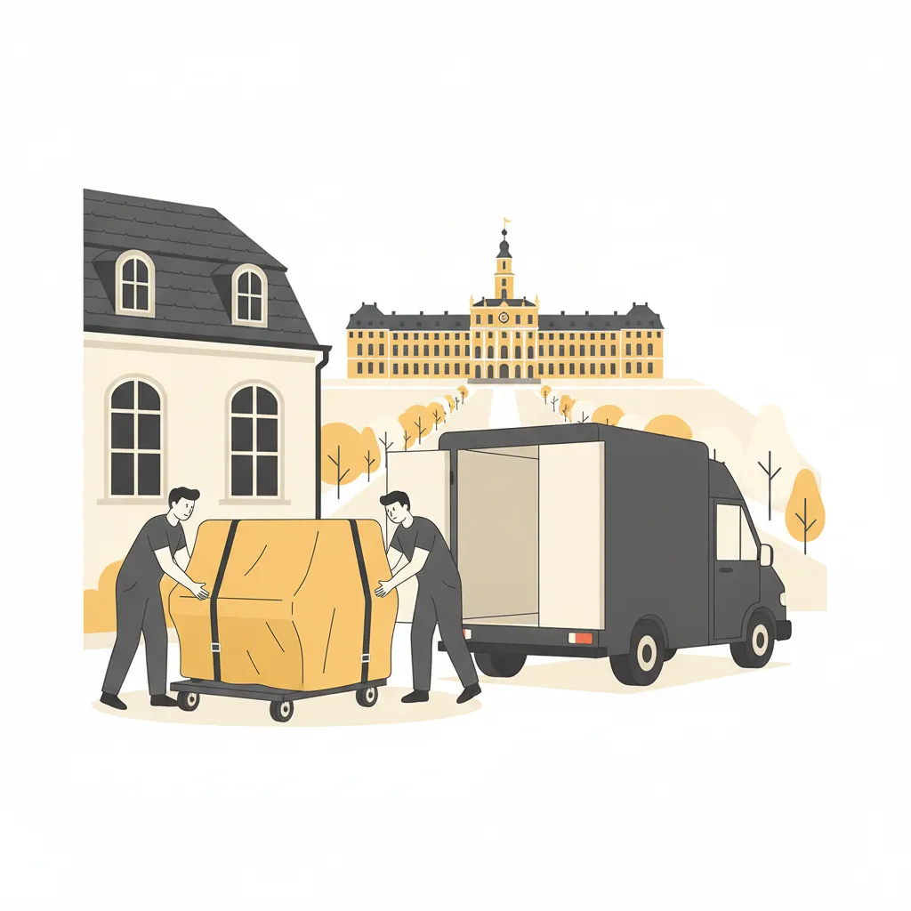 Comic-Illustration: zwei Spezialträger bewegen ein gepolstertes Klavier auf einem Klavierroller aus einem Karlsruher Gründerzeit-Altbau zu einem geschlossenen Kastenwagen, im Hintergrund das gelbe Schloss mit Turm und Fächerstraßen - Klaviertransport in Karlsruhe