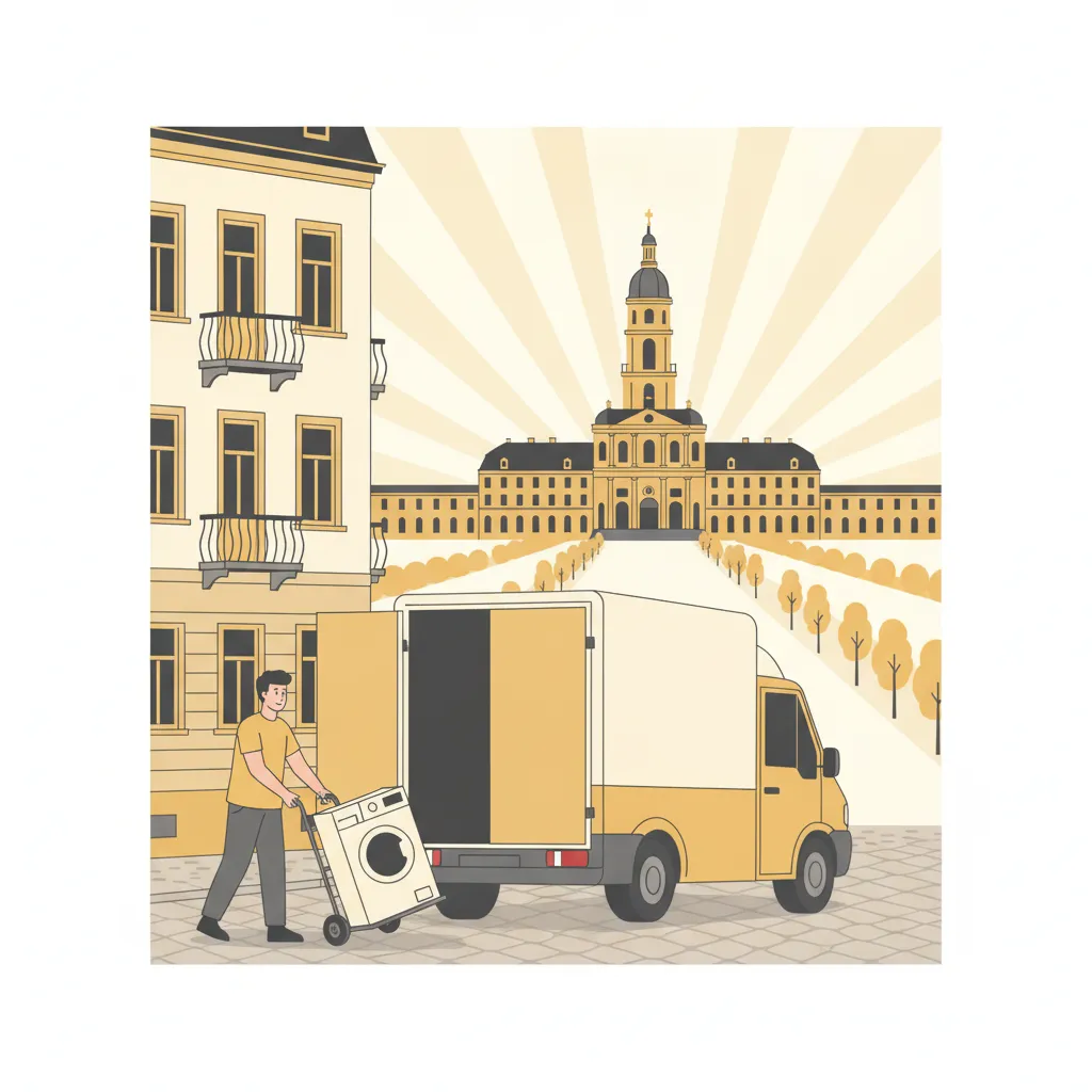 Comic-Illustration: ein Träger rollt eine Waschmaschine auf der Sackkarre zu einem geschlossenen Kastenwagen vor einem Karlsruher Gründerzeithaus, im Hintergrund das gelbe Schloss mit Turm und fächerförmige Straßen - Kleintransport in Karlsruhe
