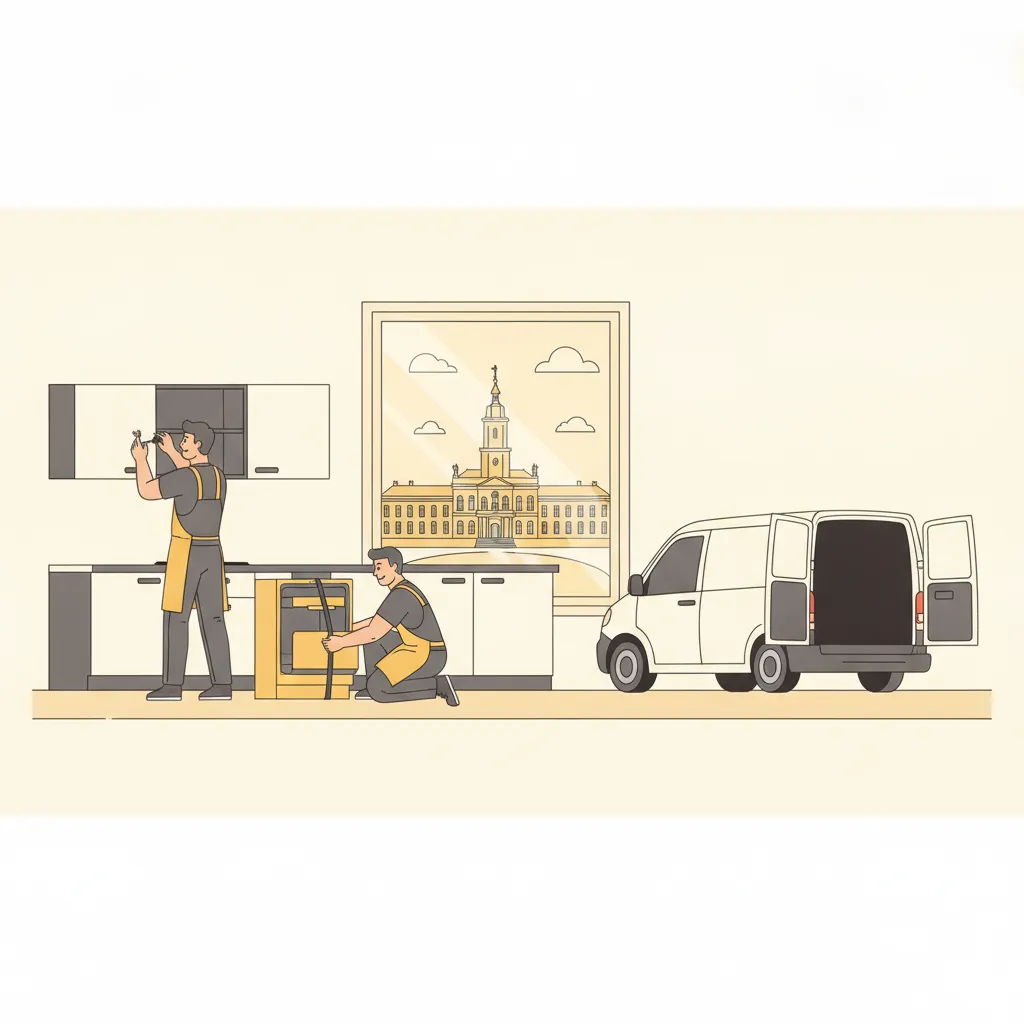 Comic-Illustration: zwei Monteure bauen in einer hellen Karlsruher Wohnung eine Einbauküche ab, ein Hängeschrank und ein Kühlgerät stehen bereit, draußen ein geschlossener weißer Kofferwagen mit offenen Hecktüren, im Hintergrund das gelbe Schloss mit Turm – Küchenumzug in Karlsruhe