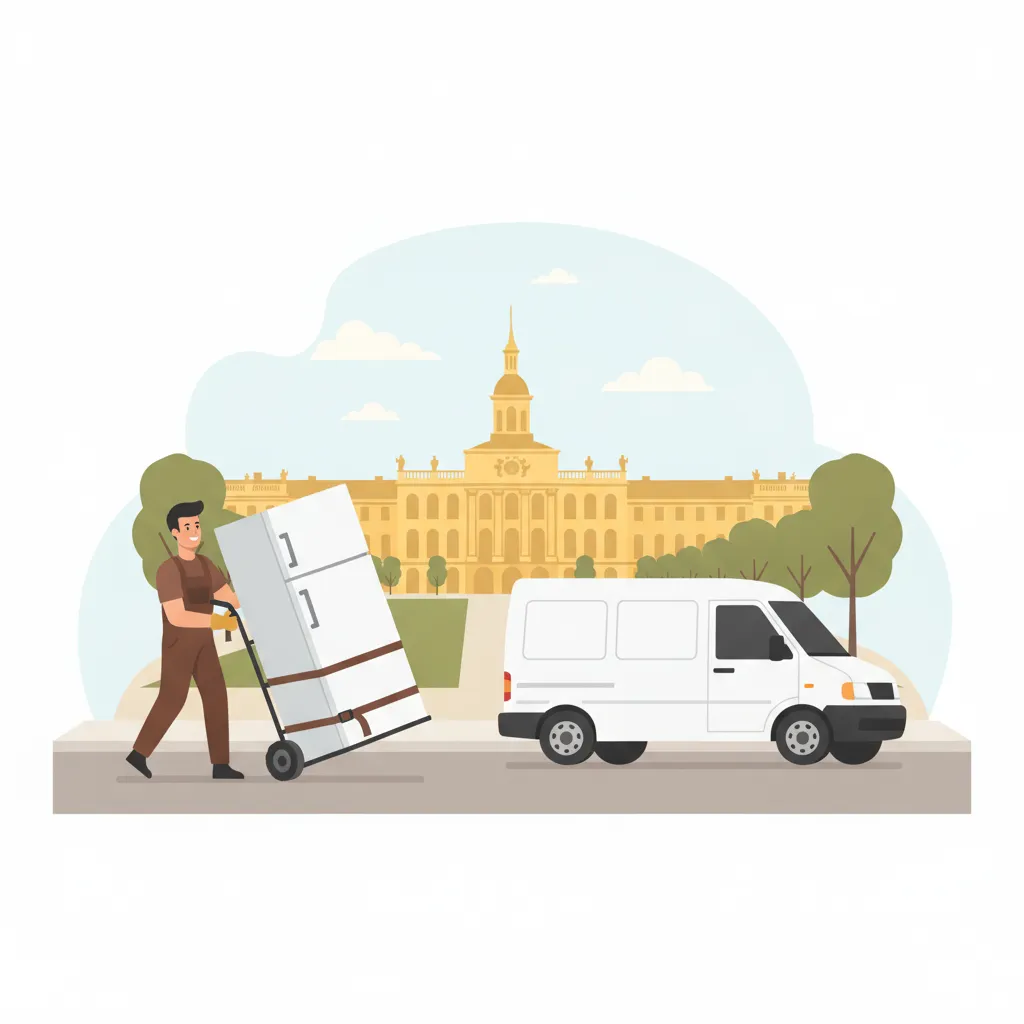 Comic-Illustration: zwei Träger bewegen einen großen Kühlschrank aufrecht auf einer Sackkarre zum geschlossenen weißen Kofferwagen vor einem Karlsruher Gründerzeithaus, im Hintergrund das gelbe Schloss mit Turm und Fächerstraßen - Kühlschrank-Transport in Karlsruhe