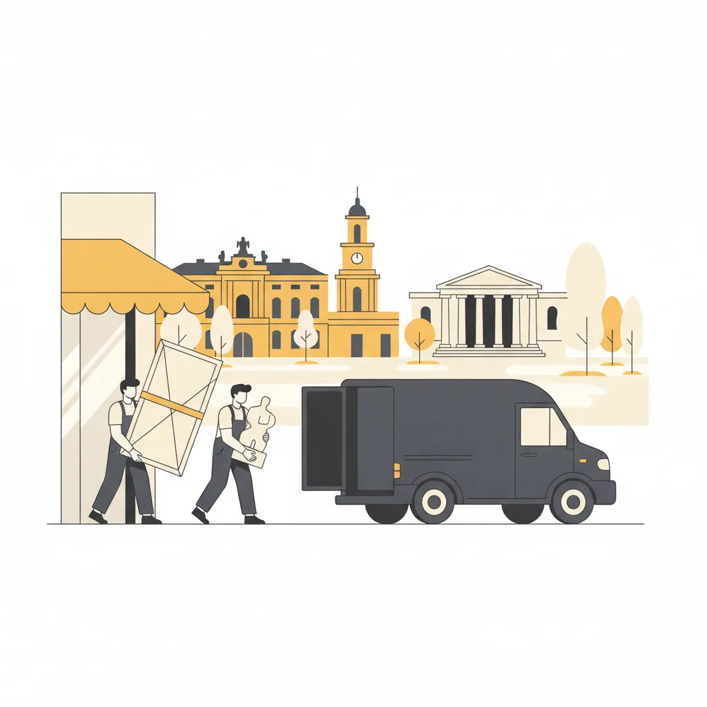 Comic-Illustration: zwei Kunstpacker tragen ein sorgfältig verpacktes Gemälde und eine kleine Skulptur aus einer Karlsruher Galerie zu einem geschlossenen Kastenwagen, im Hintergrund das gelbe Schloss mit Turm und eine klassizistische Museumsfassade - Kunsttransport in Karlsruhe