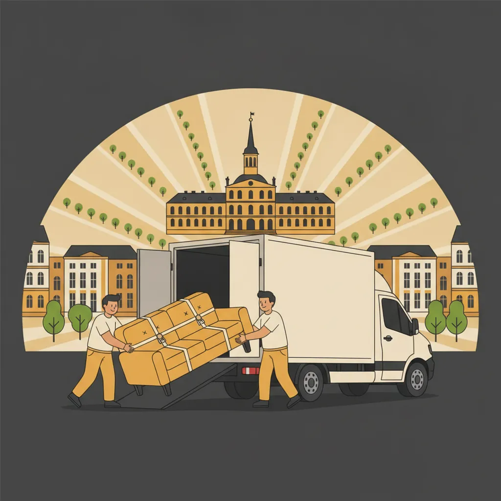 Flat-Design-Illustration: zwei Helfer schieben ein eingepacktes Sofa über eine Rampe in einen geschlossenen weißen Kastenwagen, im Hintergrund die Fächerstadt Karlsruhe mit gelbem Schloss, Turm und strahlenförmigen Straßen - Möbelmitfahrzentrale Karlsruhe