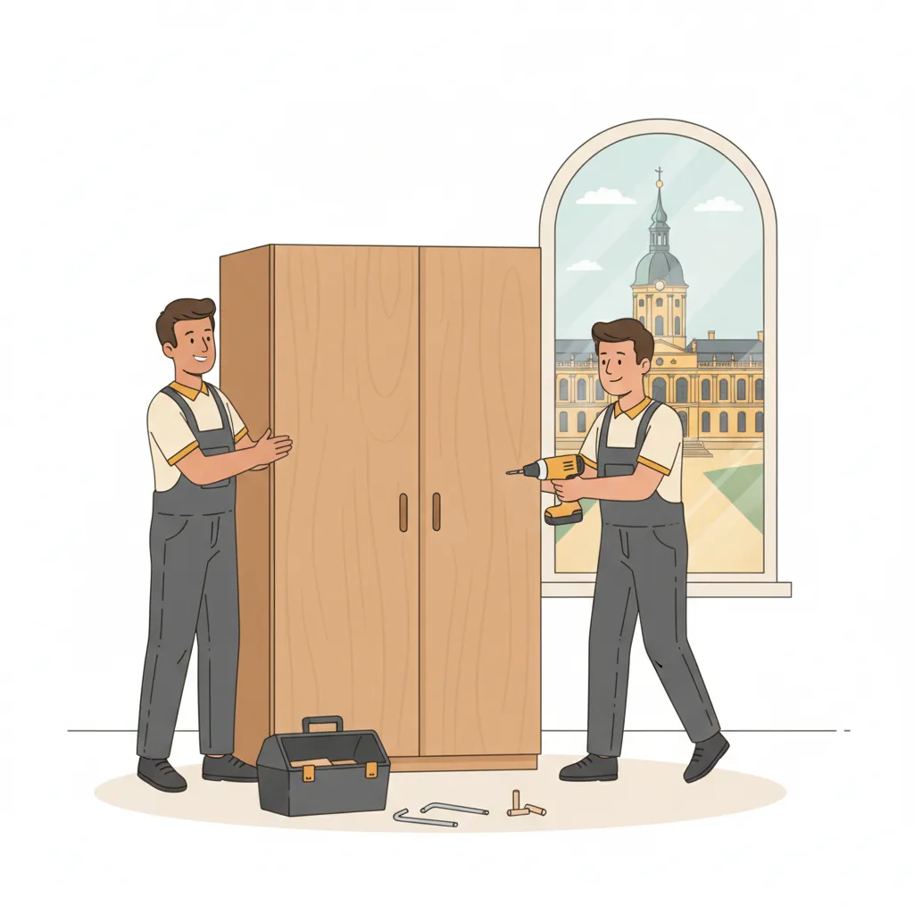Comic-Illustration: zwei Monteure bauen einen großen Kleiderschrank in einer hellen Karlsruher Altbauwohnung mit Akkuschrauber und Werkzeug zusammen, durchs Fenster ist das gelbe Schloss mit Turm zu sehen – Möbelmontage in Karlsruhe