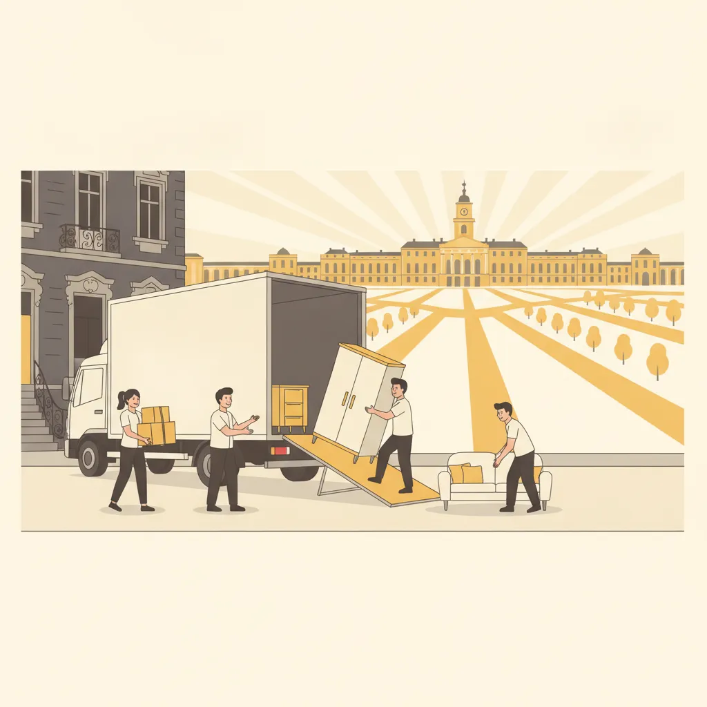 Flat-Design-Illustration: ein Umzugsteam trägt Kartons und einen Schrank aus einem Karlsruher Gründerzeit-Altbau in einen großen geschlossenen weißen Umzugs-Lkw, im Hintergrund das gelbe Sandsteinschloss mit Turm und die strahlenförmigen Fächerstraßen - Möbelspedition Karlsruhe