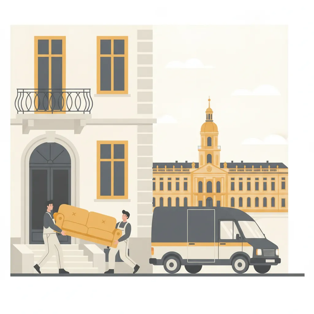 Comic-Illustration: zwei Träger tragen ein Sofa aus einem Karlsruher Gründerzeithaus zu einem geschlossenen Kastenwagen, im Hintergrund das gelbe Schloss mit Turm – Möbeltaxi in Karlsruhe