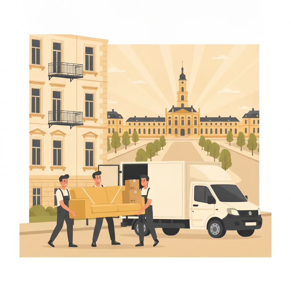 Comic-Illustration: ein Umzugsteam trägt Kartons und ein Sofa aus einem Karlsruher Gründerzeit-Altbau in einen weißen geschlossenen Kastenwagen, im Hintergrund das gelbe Schloss mit Turm und strahlenförmige Fächerstraßen – Privatumzug in Karlsruhe