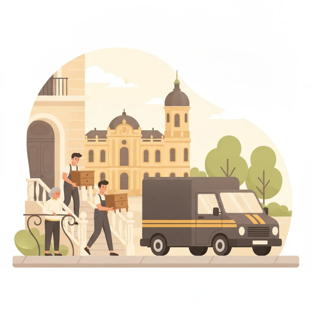 Comic-Illustration: zwei einfühlsame Umzugshelfer tragen behutsam Möbel aus einem Karlsruher Gründerzeit-Altbau, eine ältere Dame schaut ruhig zu, im Hintergrund deuten sich der gelbe Sandstein des Schlosses und Fächerstraßen an – Seniorenumzug in Karlsruhe