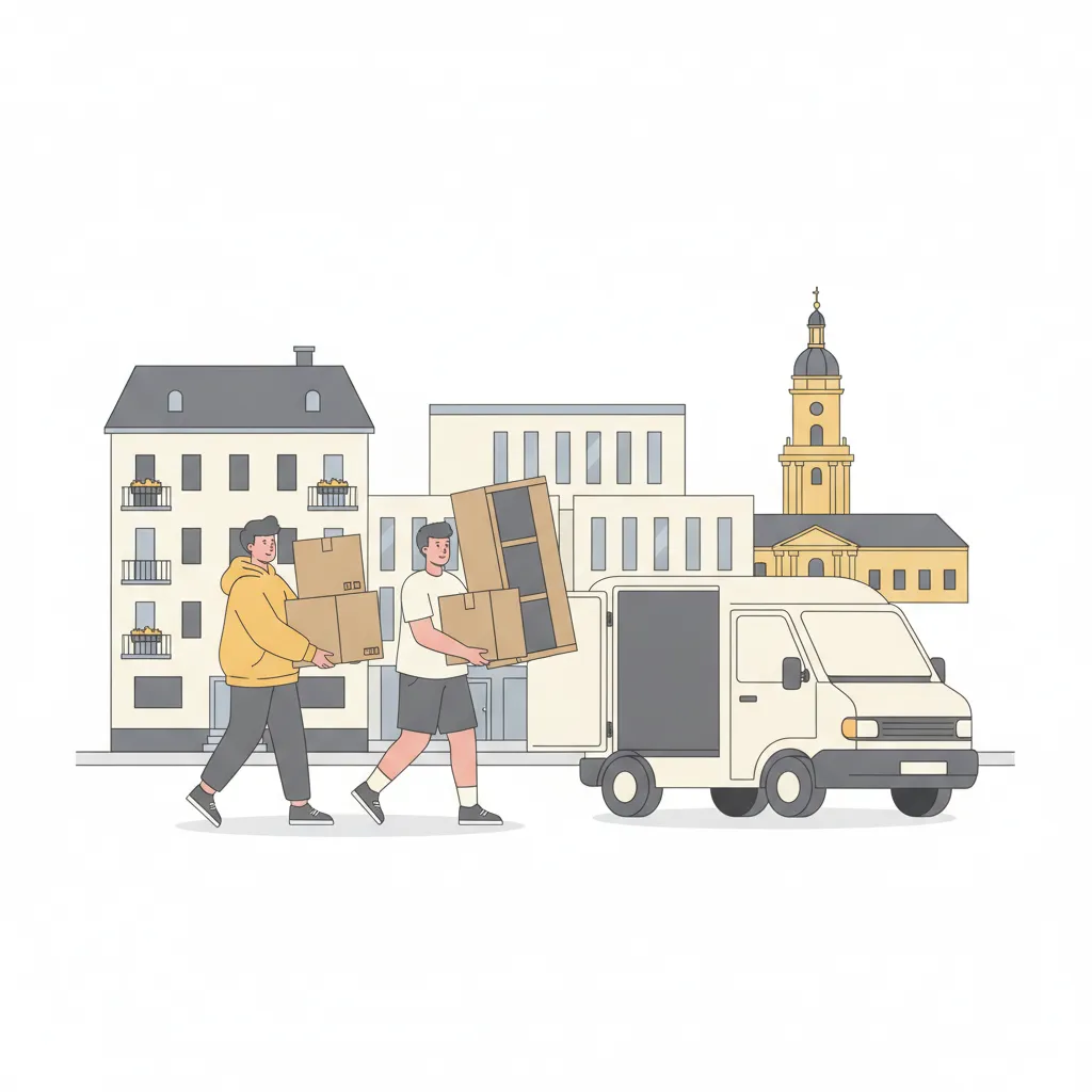 Comic-Illustration: zwei junge Umzugshelfer tragen Kartons und ein Bücherregal zu einem geschlossenen Kastenwagen vor einem Karlsruher WG-Haus, im Hintergrund ein Hörsaalgebäude des KIT und das gelbe Schloss – studentische Umzugshelfer in Karlsruhe