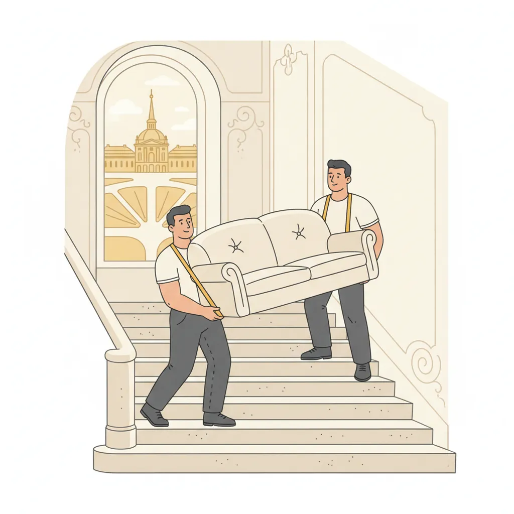 Comic-Illustration: zwei kräftige Träger tragen mit Tragegurten ein schweres Sofa eine hohe Treppe in einem Karlsruher Gründerzeit-Altbau hinauf, durch das Treppenhausfenster deutet sich das gelbe Schloss mit Turm an - Tragehilfe in Karlsruhe