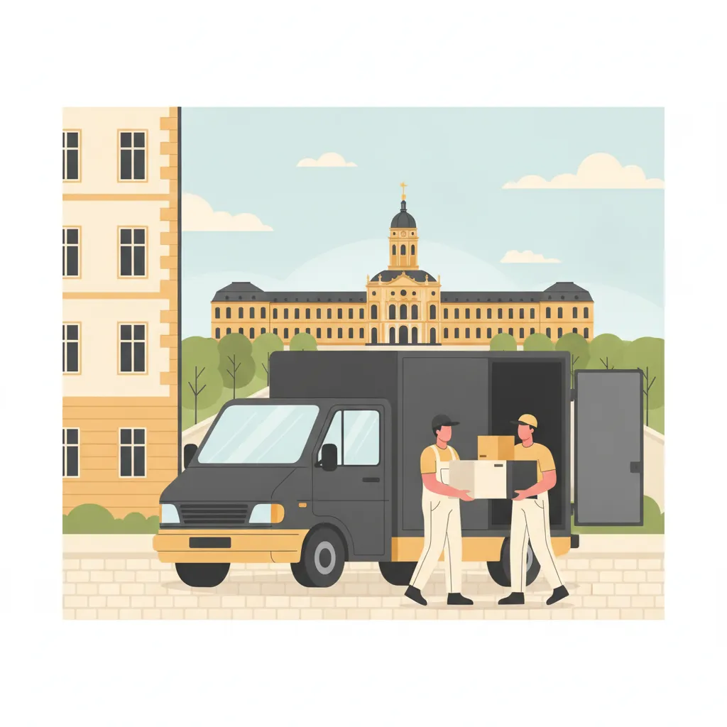 Comic-Illustration: ein Fahrer und ein Helfer beladen einen geschlossenen Kastenwagen mit Möbeln und Kartons vor einem Karlsruher Wohnhaus, im Hintergrund das gelbe Schloss mit Turm und Fächerstraßen – Transporter mit Fahrer in Karlsruhe