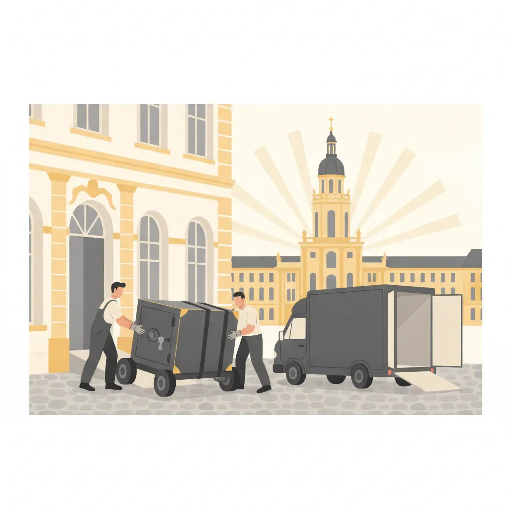 Comic-Illustration: zwei Spezialträger setzen einen schweren Tresor mit Schwerlastroller und Gurten aus einem Karlsruher Gebäude in einen geschlossenen Kastenwagen, im Hintergrund das gelbe Schloss mit Turm - Tresortransport in Karlsruhe