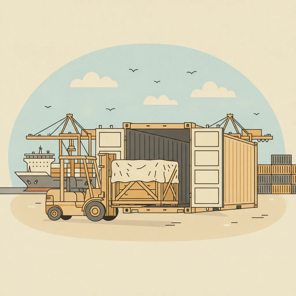 Comic-Illustration: ein Seefracht-Container wird im Binnenhafen am Rhein mit Hausrat in seetauglichen Holzkisten beladen und auf ein Binnenschiff gehoben, im Hintergrund Verladekräne am Fluss unter blauem Himmel - Überseeumzug per Rhein und Seefracht
