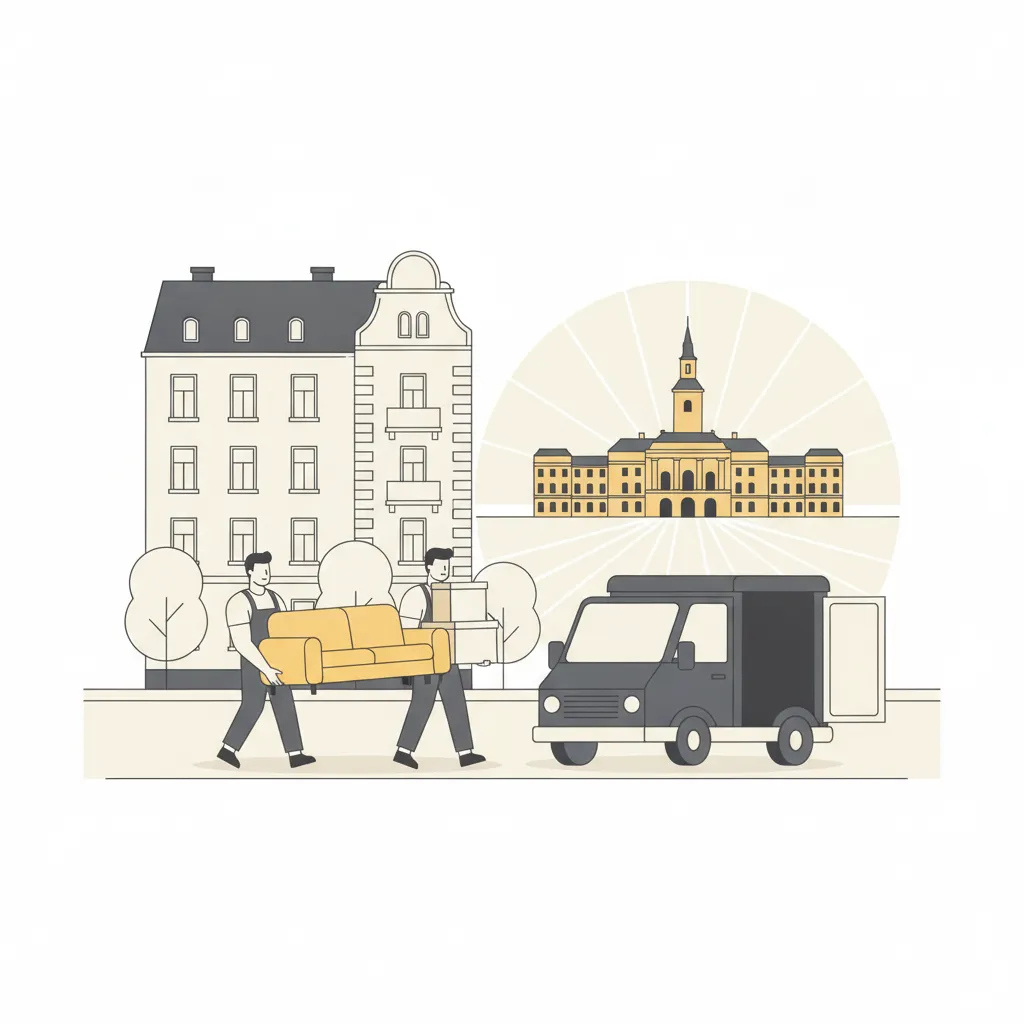 Comic-Illustration: zwei kräftige Umzugshelfer tragen ein Sofa und Kartons zu einem geschlossenen Kastenwagen vor einem Karlsruher Gründerzeit-Altbau, im Hintergrund das gelbe Schloss mit Turm und Fächerstraßen – Umzugshelfer in Karlsruhe