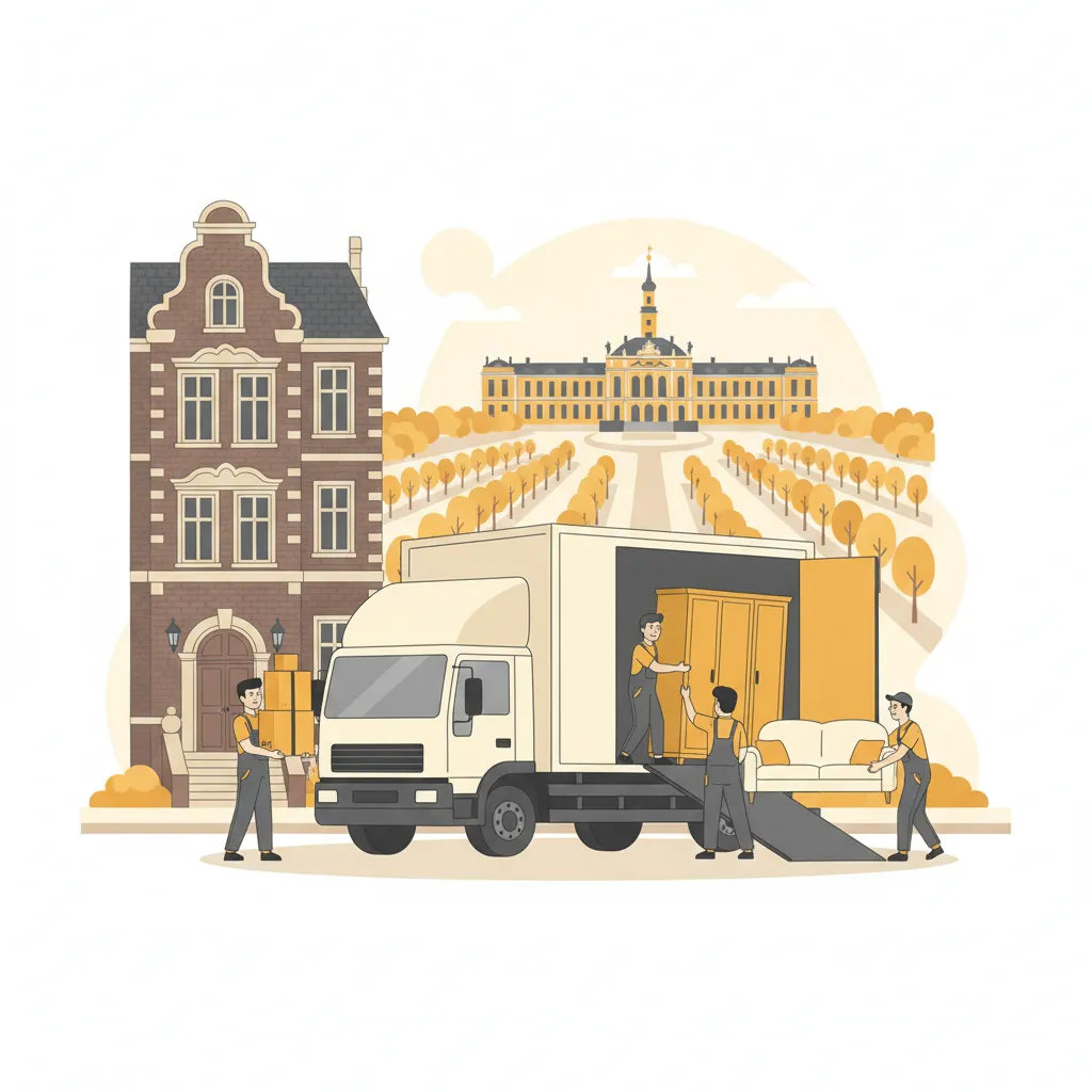 Comic-Illustration: ein Umzugsteam trägt Kartons und einen Schrank aus einem Karlsruher Gründerzeit-Altbau in einen großen Umzugs-Lkw mit hohem Koffer-Aufbau, im Hintergrund das gelbe Schloss mit Turm und Fächerstraßen – Umzugshilfe in Karlsruhe mit Lkw