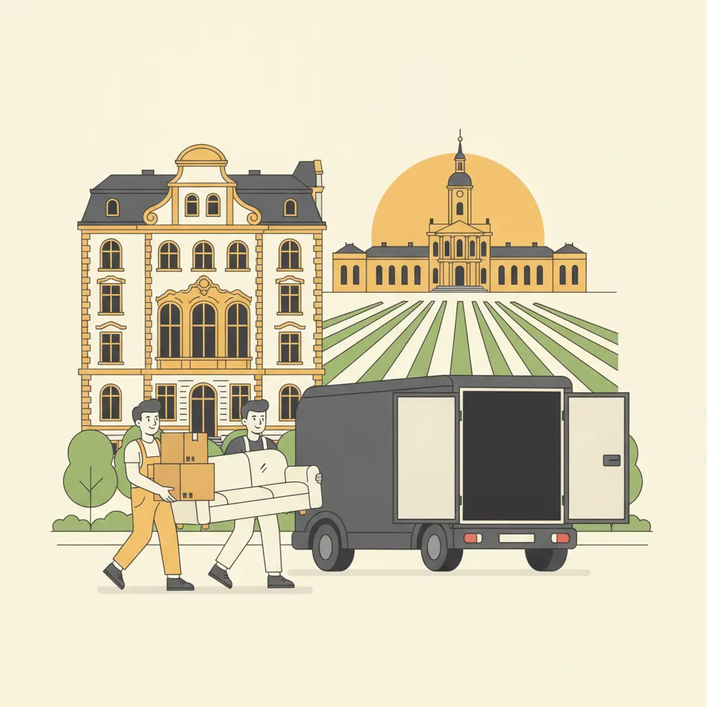 Comic-Illustration: zwei Träger verladen gepolsterte Umzugskartons und ein Sofa in einen geschlossenen Kastenwagen vor einem Karlsruher Gründerzeit-Altbau, im Hintergrund das gelbe Schloss mit Turm und strahlenförmige Fächerstraßen – Umzugsunternehmen in Karlsruhe