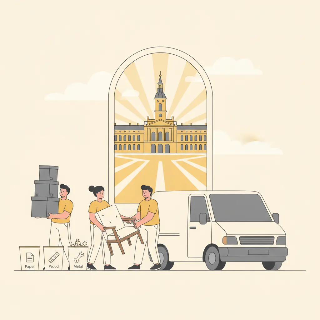 Comic-Illustration: zwei Helfer räumen eine Karlsruher Altbauwohnung leer, tragen Kartons und Möbel zum geschlossenen weißen Kofferwagen, getrennte Wertstoffe in Behältern, im Hintergrund das gelbe Schloss mit Turm und die Fächerstraßen - Wohnungsauflösung in Karlsruhe
