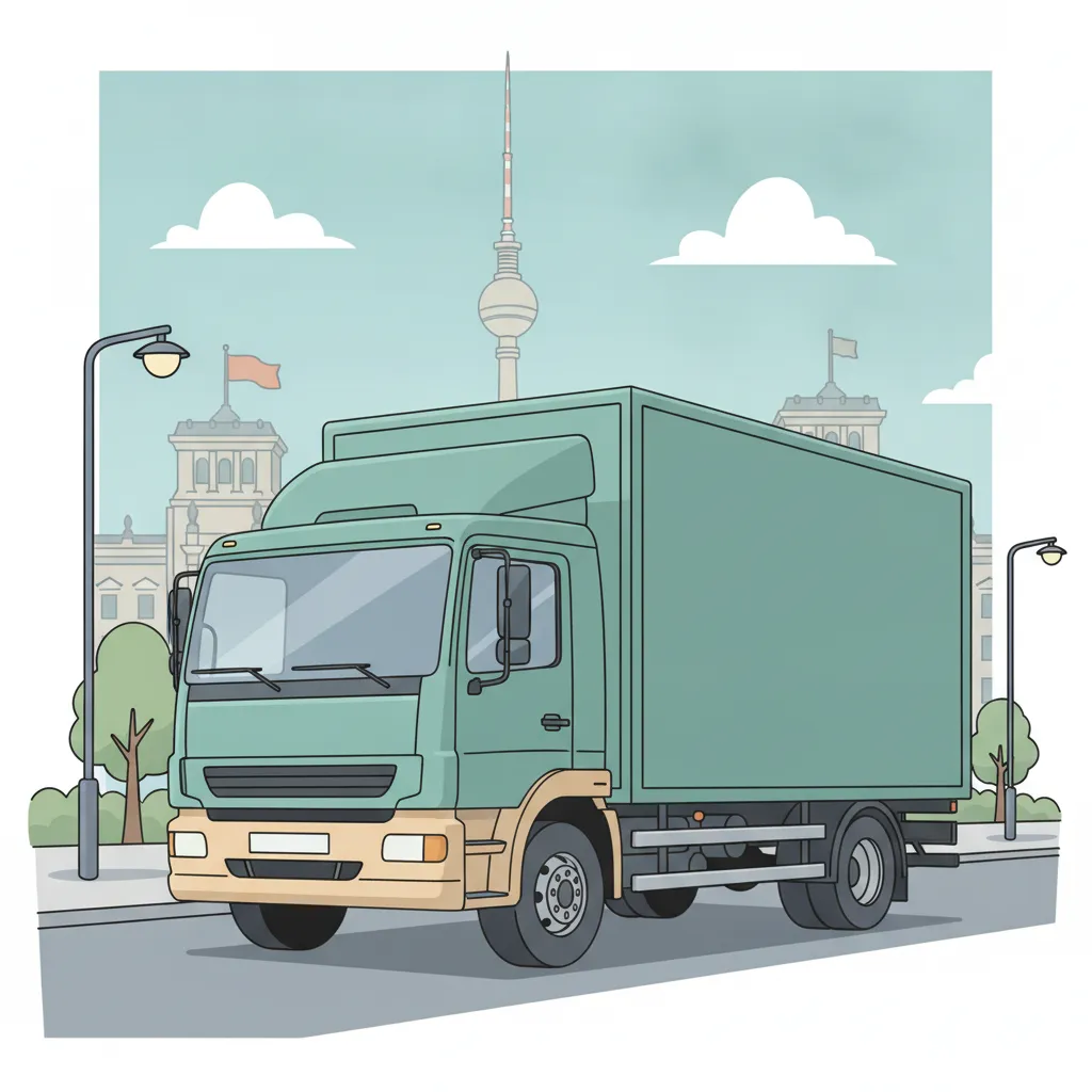 Comic-Illustration: geschlossener Umzugstransporter erreicht Berlin – Beiladung von Karlsruhe nach Berlin