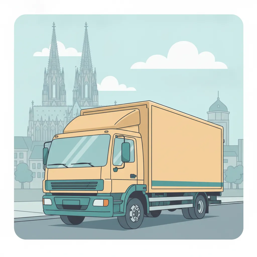Comic-Illustration: geschlossener Umzugstransporter erreicht Köln – Beiladung von Karlsruhe nach Köln